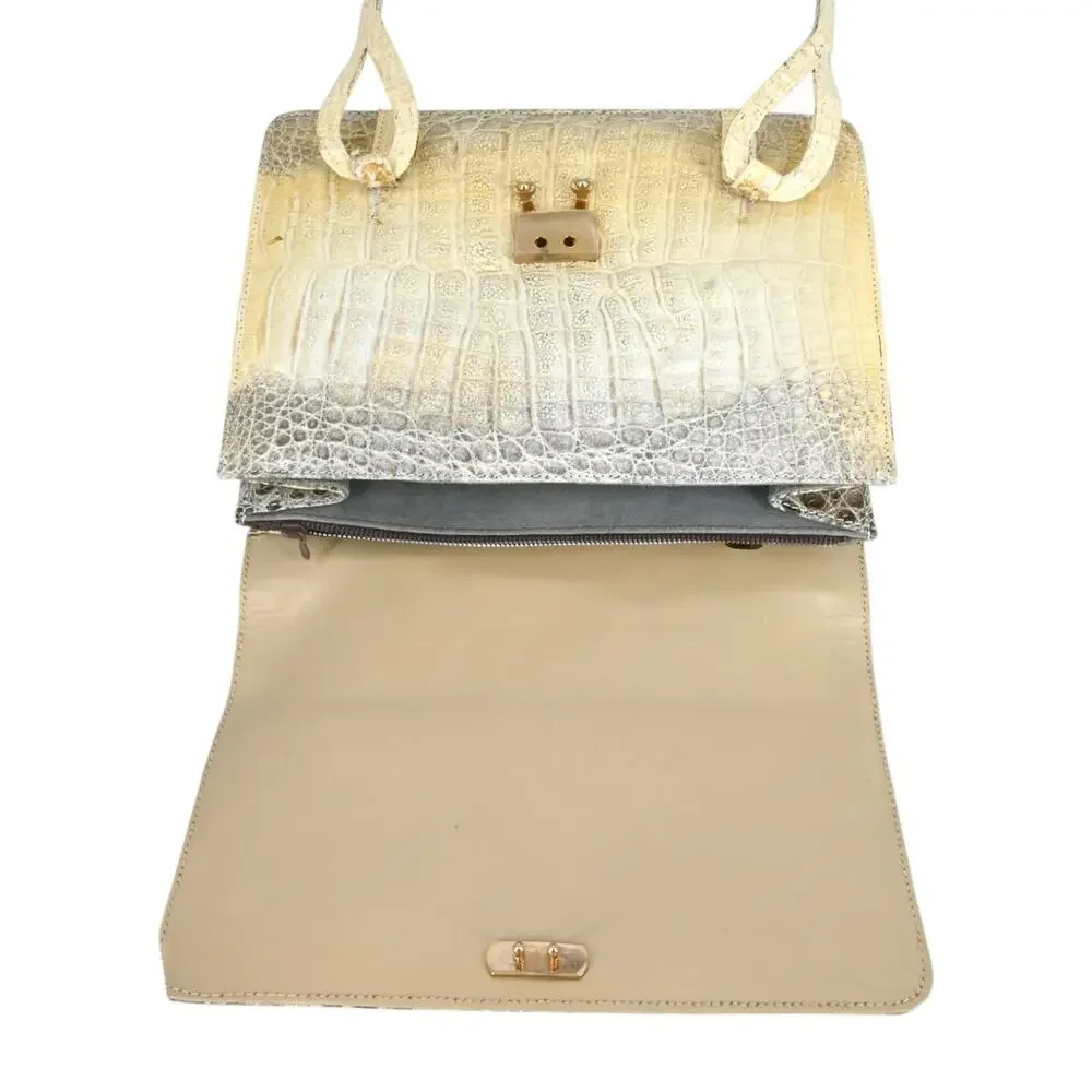 Beige Croc Leather Top Handle Bag